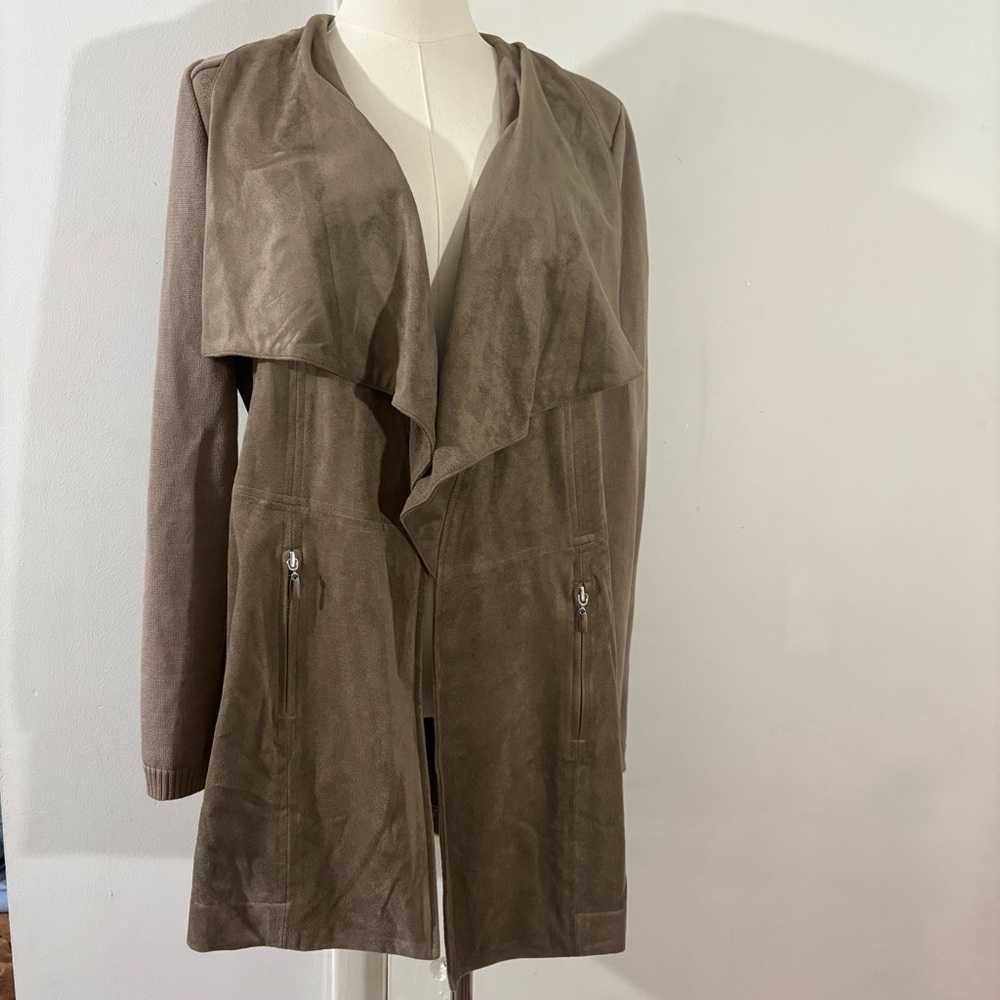 Chicos Faux Suede Open Front Waterfall Cardigan Jacket Women’s Sz 1 Brown Beige